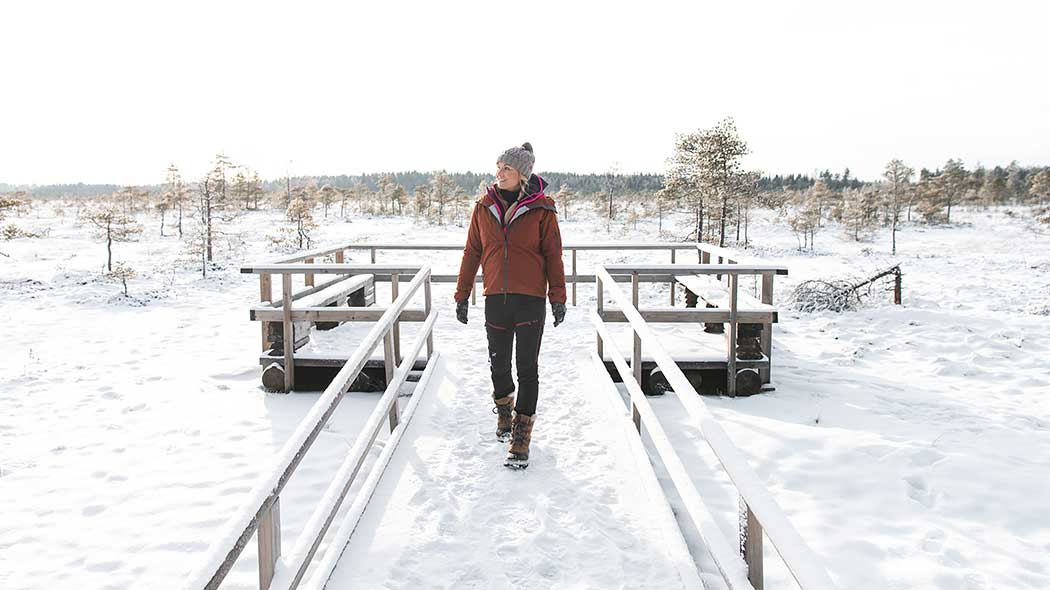 En vandrare går längs en bred plankstig i ett vintrigt myrlandskap. Plankstigen har räcken på båda sidor, i bakgrunden en utsiktsplattform med räcken.
