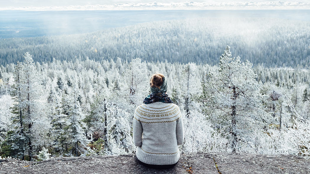 En vandrare sitter på en kulle och tittar på vinterlandskapet.