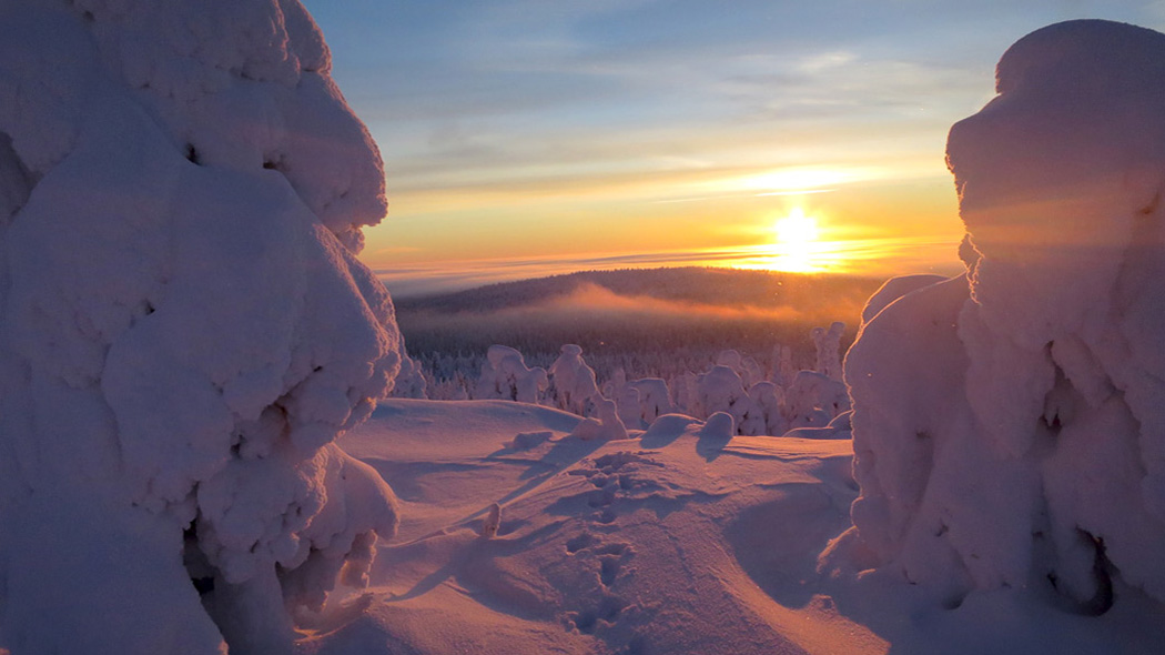 Vinterlandskap från sluttningen. Solen skiner starkt bakom den motsatta faran. Det finns spår av snö i förgrunden.