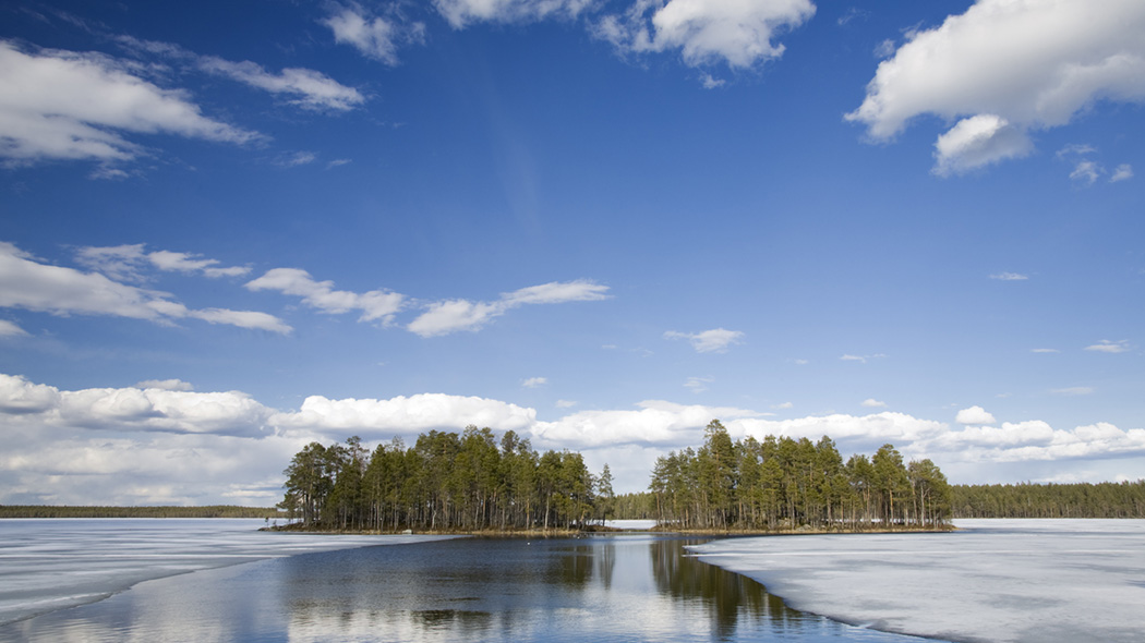 En skogbeklädd holme mitt i en istäckt sjö. Isen har smält på ett område framför holmen.