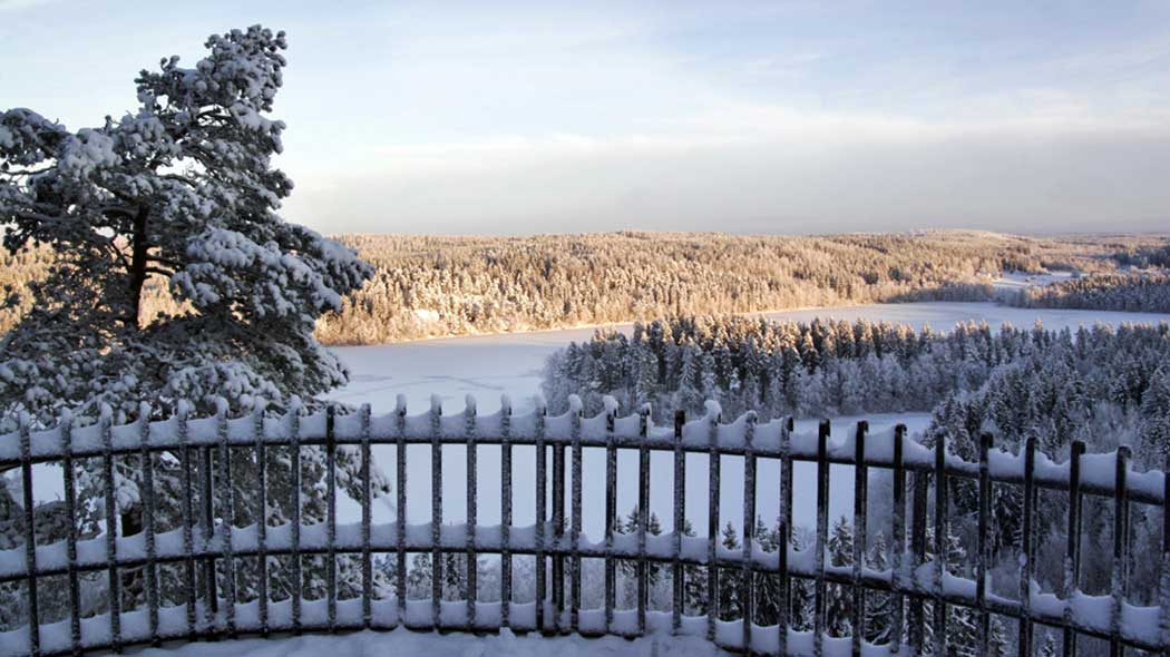 Snöig skogs- och sjölandskap från utsiktsplatsen.