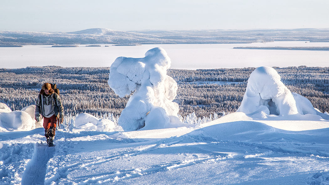 Vandrare i vinterbergslandskapet i Riisitunturi nationalpark. I bakgrunden snöiga träd och en frusen sjö.