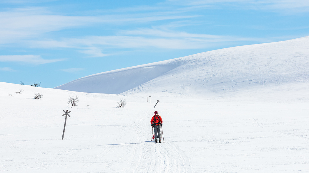 En skidvandrare på leden i soligt vinterväder på ett öppet fjäll.