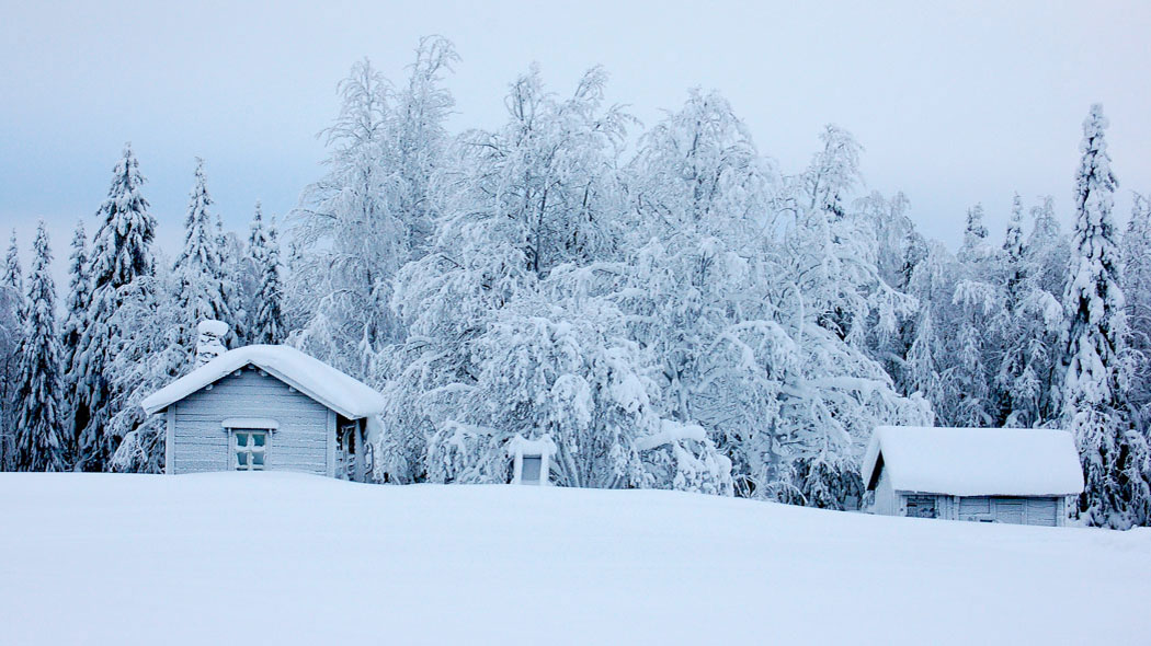 Två byggnader i ett snöigt landskap. Bakom gårdsplanen finns träd med snötäckta grenar.