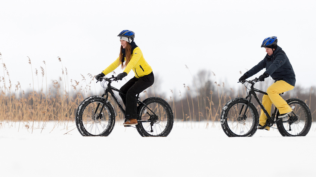 Två terrängcyklister cyklar i ett snöigt landskap. Cyklister har färgglada kläder. Det finns bladvassvegetation i bakgrunden.