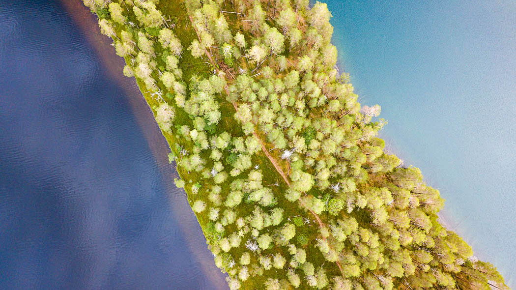 Ett flygfotografi av en grönskande ås mellan två sjöar.