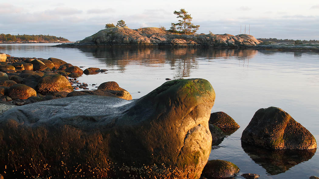 En havsstrand i solnedgången på hösten. I förgrunden stenar, i bakgrunden en liten stenig holme.