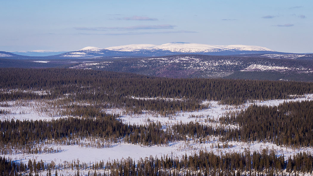Bilden visar vinterns fjäll- och skogslandskap. Bilden är tagen från ovan.